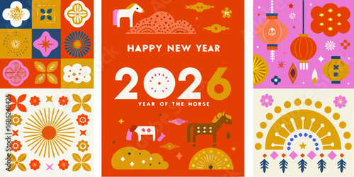 Happy new year 2026 year of the horse festive greeting card with abstract folk art elements