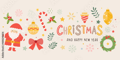 Cute christmas and happy new year greeting banner with santa claus and festive decorations