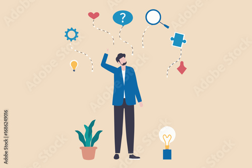 Man contemplating ideas and solutions with symbols of thought process and innovation