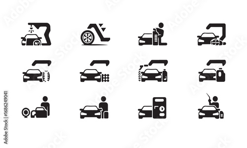 Car Wash and Service Station Icons, a set of black and white icons depicting various car wash and service station procedures.