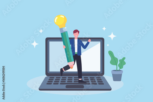 Man holding a giant pencil with a lightbulb on top in front of a laptop screen with a plant