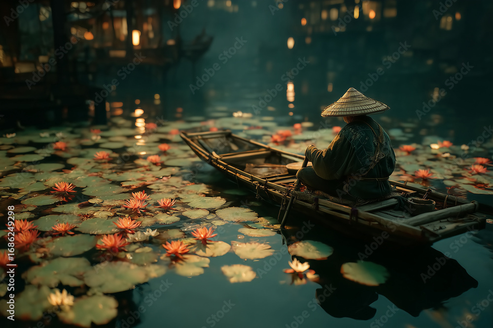 Obraz premium A man is sitting in a boat on a lake