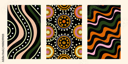 Abstract retro geometric patterns in earth tones and pastels with wavy lines and circles