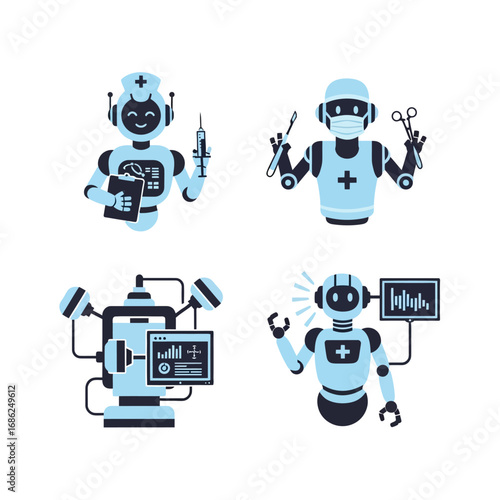 Four medical robots performing various healthcare tasks, including diagnosis, surgery, and monitoring.