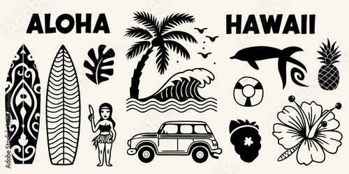 Collection of hawaiian aloha and hawaii themed illustrations with surfboards palm tree wave car and tropical elements