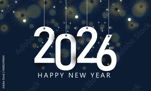 Hanging 2026 sign with fireworks and bokeh background