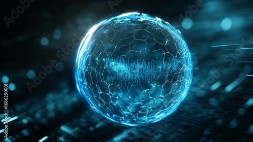81.A futuristic transparent energy shield in the form of a glowing blue bubble, covered with a hexagonal texture that reflects soft light. The smooth background enhances the sense of security and