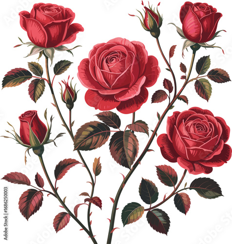 Red rose plant illustration, blooming flowers and buds, botanical drawing, thorny stem leaves, realistic floral design, romantic garden nature, isolated vector artwork