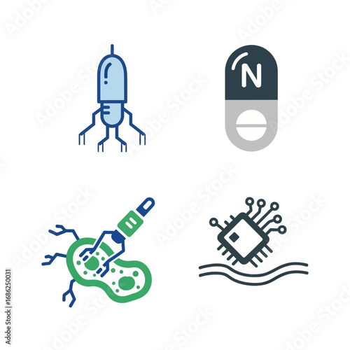 Nanotechnology icons: capsule, micro-manipulator, bio-cell, and microchip.