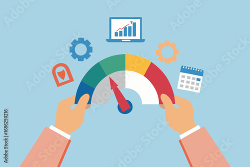 Hands holding a performance meter with icons representing business analytics security and scheduling