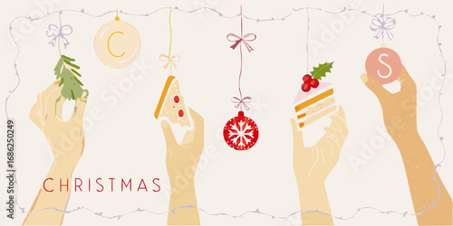 Hands holding christmas ornaments and festive treats like cake and gingerbread with the word christmas
