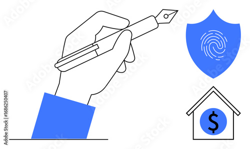 Hand writing with a pen, shield with fingerprint, and house with dollar sign. Ideal for contract, trust, finance, security, real estate authorization insurance. Simple flat metaphor