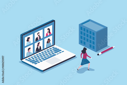 Woman participating in a remote team meeting on a laptop with a stylized office building and pencil nearby