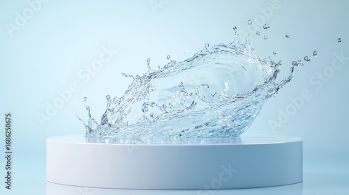 41.A sleek white cylindrical podium surrounded by a dynamic splash of transparent water, frozen in motion. The glass-like liquid arcs gracefully, reflecting soft light against a serene light blue