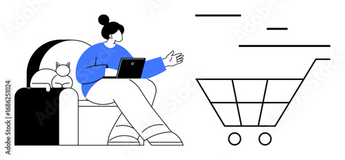 Woman seated beside a cat, using a tablet with a large digital shopping cart nearby. Ideal for e-commerce, online shopping, marketing, technology, remote work, convenience, simple landing page