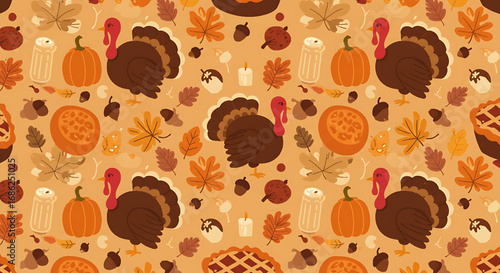 Thanksgiving seamless pattern with turkeys pumpkins leaves and pie on orange background