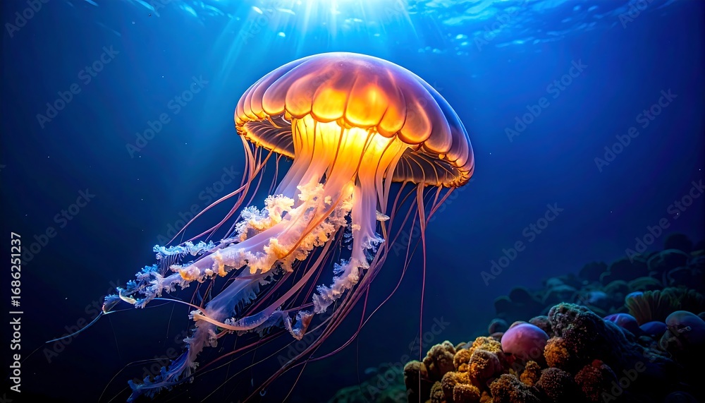 Fototapeta premium Glowing jellyfish dances deep