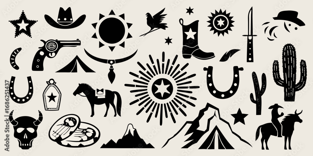 Naklejka premium Collection of western and cowboy icons in silhouette against a light background