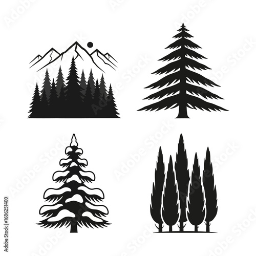 Silhouette illustrations of various evergreen trees and a mountain landscape.