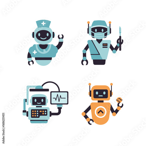 Four friendly robots in medical roles,  depicting healthcare automation.
