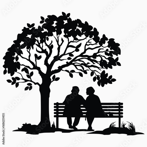 Silhouette of an Elderly Couple Sitting on a Bench Beneath a Tree, Evoking Themes of Love and Companionship