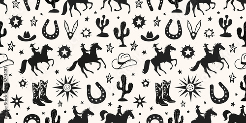 Whimsical western silhouette pattern featuring cowboys on horses cacti horseshoes and boots
