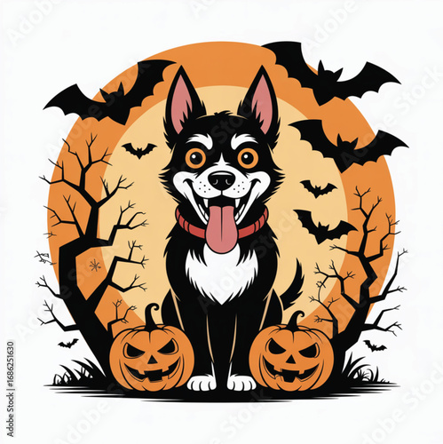 Phantom dog gazing ahead with creepy bats and haunted pumpkins