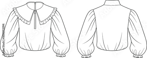 Ruffled collar blouse technical drawing, puff sleeve top, zipper front design, long sleeve garment sketch, fashion illustration, front and back view vector