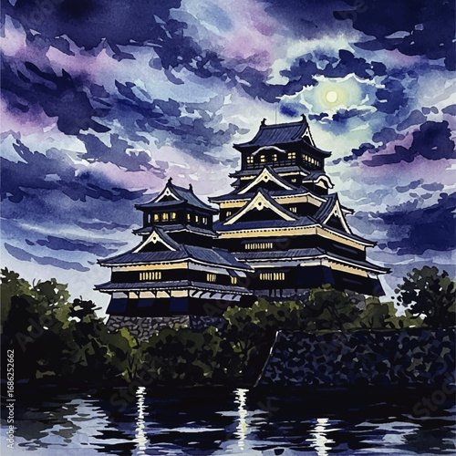 A Japanese castle stands illuminated at night, reflected in the water under a cloudy, moonlit sky.