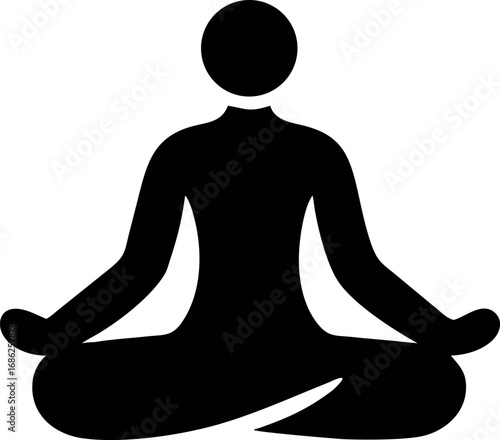 Black silhouette icon of a person in a lotus yoga pose, symbolizing meditation, mindfulness, and spiritual wellness