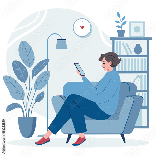 Vector art of a young woman is relaxing in an armchair at home, looking at her smartphone, enjoying the comfort and convenience of modern technology