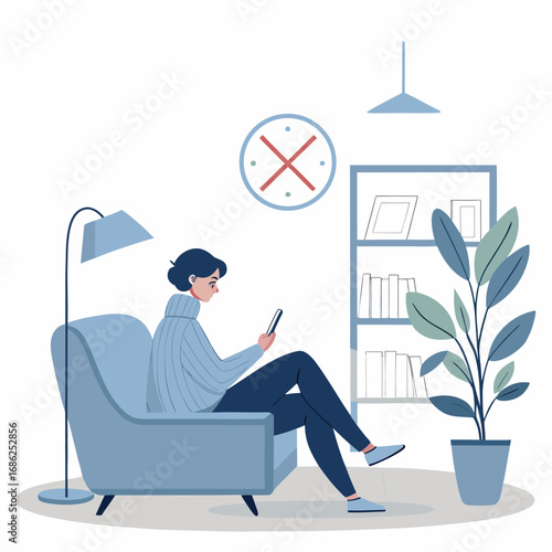 Vector art of a woman is sitting in a chair and looking at her phone, with a clock and a bookshelf in the background