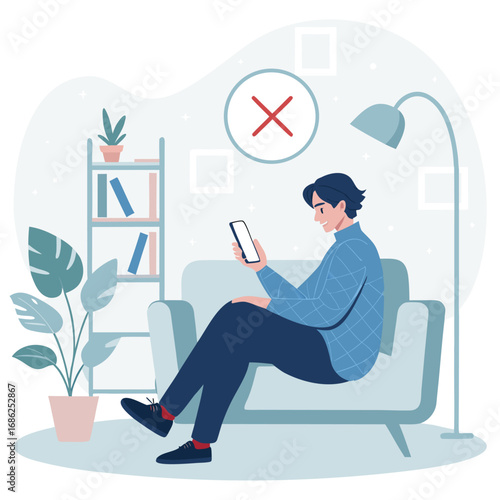 Vector art of a young man is relaxing in an armchair at home, looking at his smartphone, enjoying the comfort and convenience of modern technology