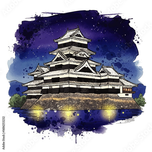 Watercolor illustration of a traditional Japanese castle at night, reflected in water with glowing lights and a starry sky.
