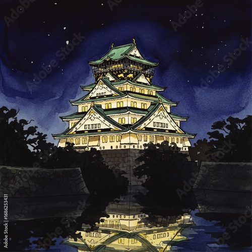 A beautiful illustration of a traditional Japanese castle illuminated against a starry night sky, reflecting in the water below.