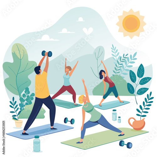 Vector art of group of people doing yoga exercises outdoor with mountain view, sun, trees, plants, dumbbells, water bottle and mat on isolated background