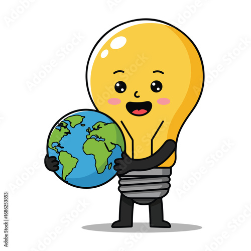 A cartoon lightbulb character hugs a globe smiling It has black arms legs and a gray base The background is white
