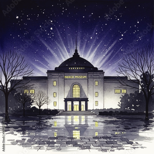 Illustration of a grand museum building at night, illuminated with bright lights and reflected in a wet cobblestone courtyard under a starry sky.