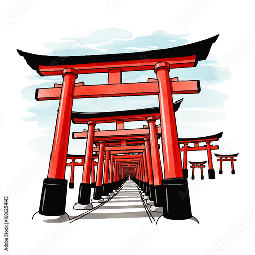 A vibrant illustration of a long, winding pathway lined with numerous traditional Japanese red torii gates, receding into the distance under a cloudy sky.