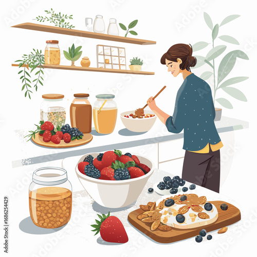 Vector art of woman preparing a healthy breakfast with oatmeal, berries, and honey in a bright kitchen, enjoying a nutritious and homemade meal