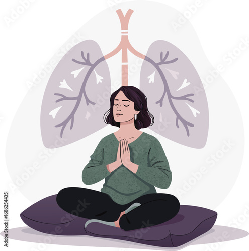 Vector art of woman in meditative pose with lungs behind her, practicing mindfulness for respiratory health and wellbeing