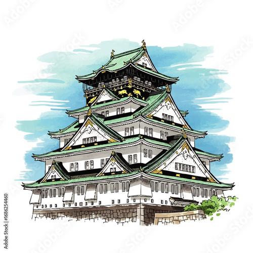 Watercolor illustration of a multi-tiered Japanese castle with green tiled roofs and white walls against a blue sky.