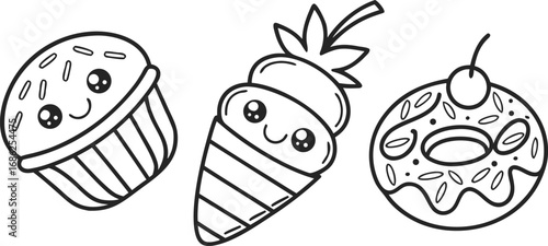 kawaii vector illustration of sweet treats with smiling faces