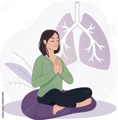 Vector art of woman meditating on a cushion to improve lung health, breathing exercise for relaxation, mindfulness and stress relief