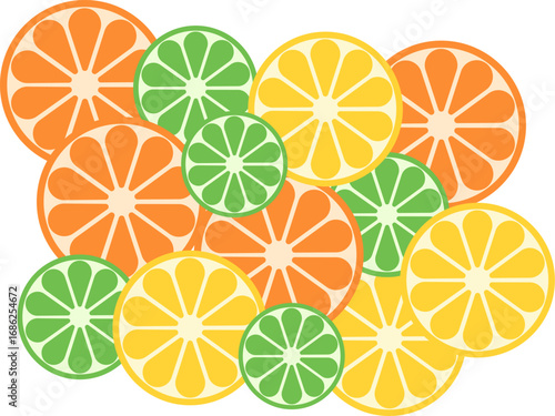 Vector illustration of citrus fruit slices. Colorful mix of orange, lemon, and lime in flat style. 