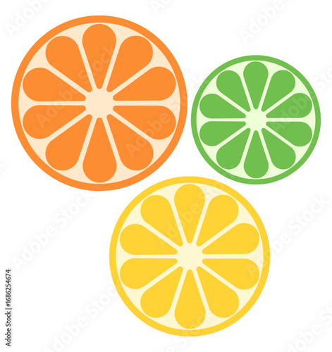 Flat design illustration of citrus fruit slices in orange, lemon, and lime colors. Fresh and vibrant vector design