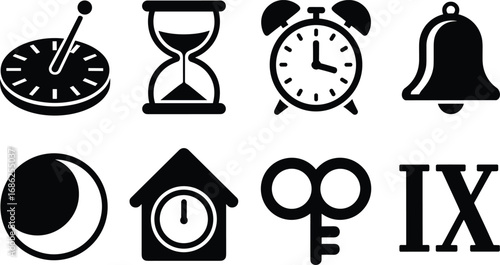 Black time icons set, sundial, hourglass, alarm clock, bell, moon phase, cuckoo clock, key, Roman numeral, time symbols