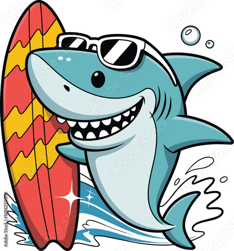 Cartoon surfing shark with sunglasses, summer beach character, cool ocean animal illustration, tropical wave, surfboard fun, vector design