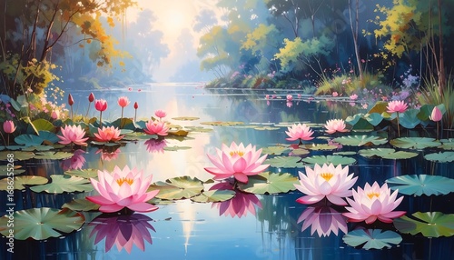 Peaceful lake, morning light, lotus blooms