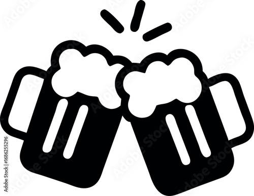 Simple Black and White Icon of Two Frothy Beer Mugs Clinking in a Toast